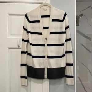 GAP Off-White, Navy, and Gray Striped V-neck Cardigan